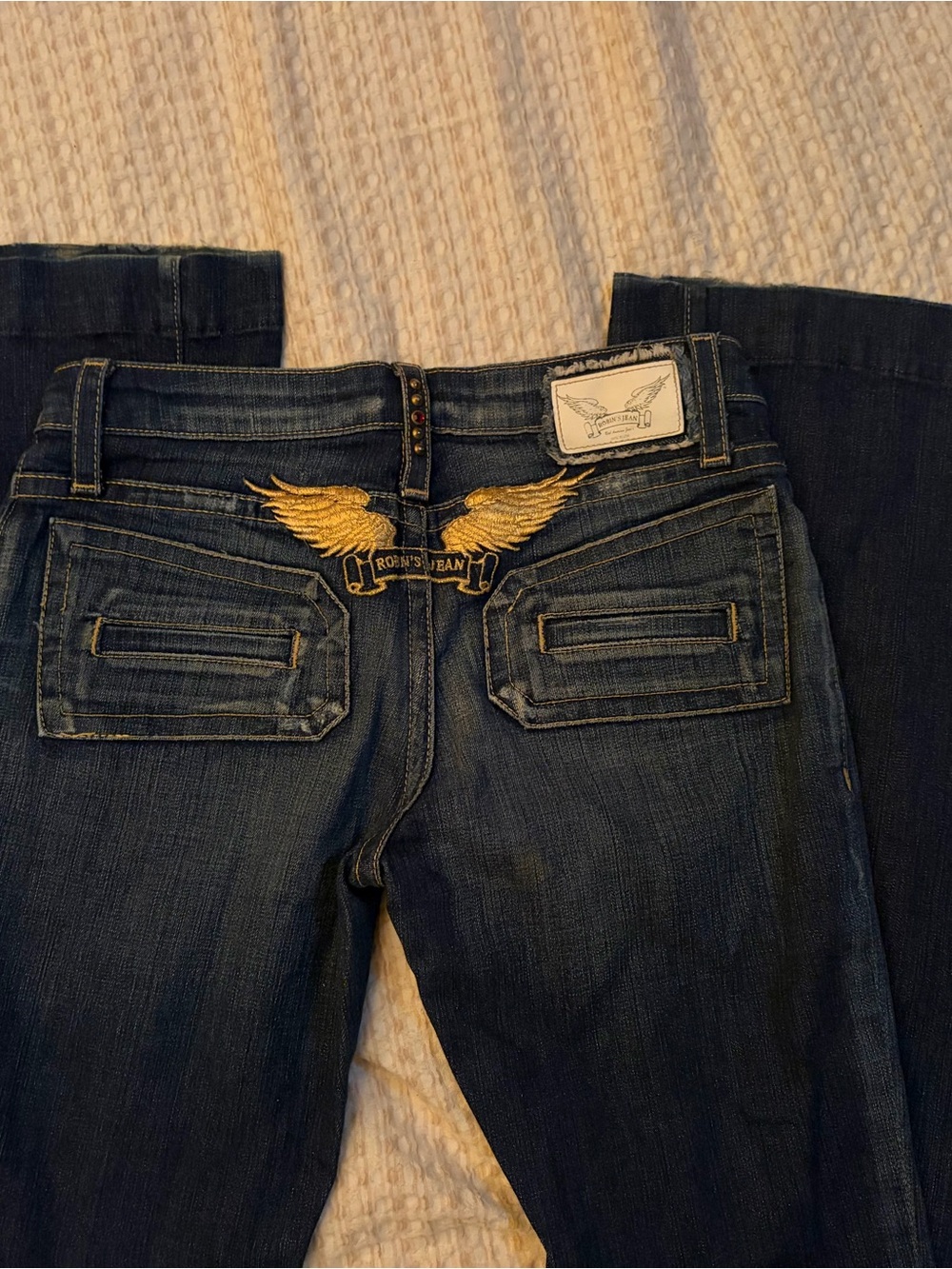 Robin’s Jean Y2K Low Rise Gold Wing Bootcut Jeans Made USA SJ8009